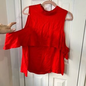 ✨Mud Pie Cold Shoulder Ruffle Top Mock Neck Blouse Red orange Size L‎
